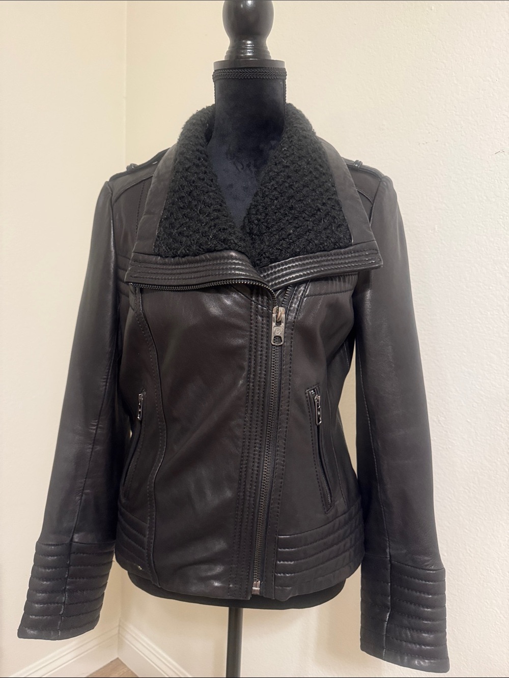 Michael Kors Black Leather Jacket with Knit Shawl Collar